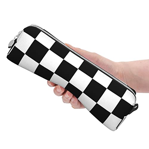 Image of Leather Pencil Case - Black White Race Checkered Flag Pattern, Stationery Bag Pen Organizer Makeup Cosmetic Holder Pouch for School Work Office College