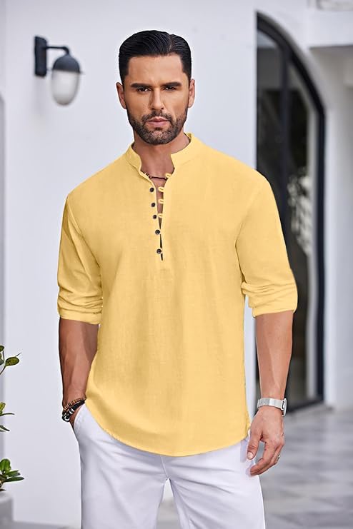 Royalscout Men's Solid Cotton Blend Straight Kurta Shirt | Regular Fit Full Sleeve Short Kurta Yellow