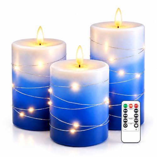 Image of Flameless LED Candles with Fairy Lights, Remote Timer, Blue Wax, 3-Pack | Layered Glow for Cozy, Worry-Free Ambiance