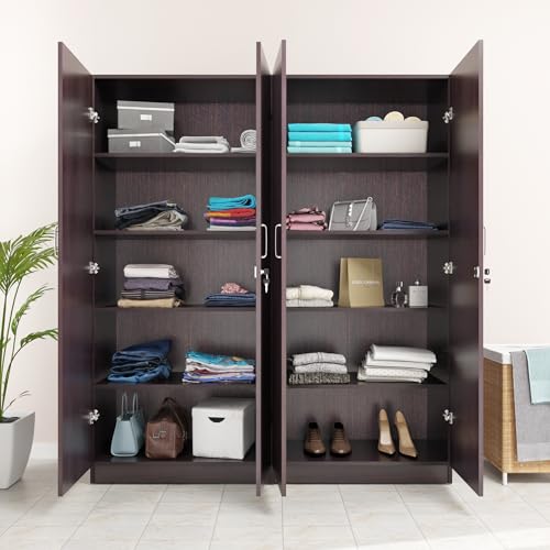 Image of VIKI Wardrobe | Wooden Almirah for 4 Door Fully Shelves Mirror Wardrobe (Dark Wenge - 40D x 160W x 180.8H) | 1 Year Warranty | Free Assembly
