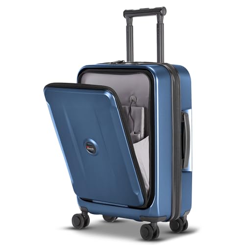 Image of Carry On Luggage with Front Pocket & USB Port, PC Hardside 20 Inch luggage with Spinner Wheels & Built-in TSA Lock, Durable Lightweight Rolling Suitcase, Bule