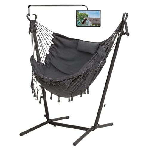 LUCKWIND Hammock Chair with Stand Phone/Pad Holder Included, Adjustable Handmade Swing Chair for Outdoor, Indoor, Portable & Heavy Duty, 400 LBS Capacity (Grey) LUCKWIND Hammock Chair with Stand Phone/Pad Holder Included, Adjustable Handmade Swing Chair for Outdoor, Indoor, Portable & Heavy Duty, 400 LBS Capacity (Grey)