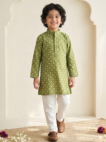 Image of AJ DEZINES Boys Cotton Full Sleeve Printed Kurta Pajama Set for Kids - Ethnic wear | Special Occasion & Traditional Outfit |Boys Kurta Pyjama Set - Regular Fit