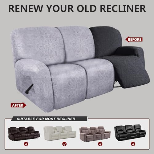 Image of molasofa Recliner Sofa Covers - 8 Pieces Stretch Leather Like Large Couch Covers for 3 Seats Reclining Slipcovers Soft Jacquard Pattern Furniture Protector with Elastic Bottom (marbling)