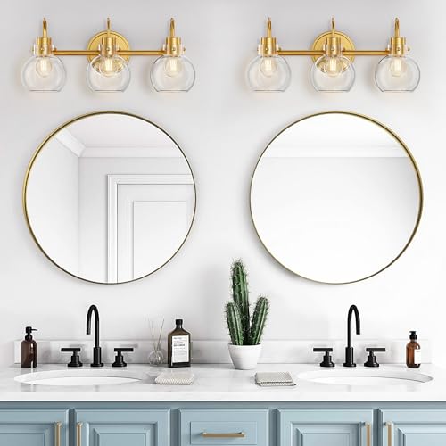 Image of 3-Light Vanity Light, Brushed Brass Bathroom Light Fixtures, Farmhouse Wall Sconces with Globe Clear Glass Shade, Porch Wall Mount Lamp for Mirror, Kitchen, Porch, Living Room, Workshop (E26 Base)
