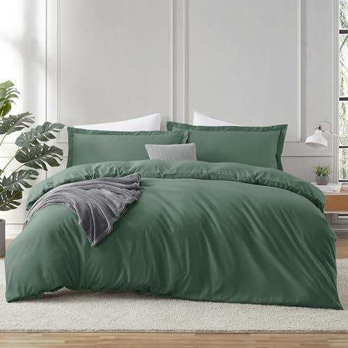 Image of Hearth & Harbor Dark Green Duvet Cover King Size, 3 Piece Bedding Set | Soft Double Brushed Bedding Set, Button Closure, 1 Duvet Cover 104x90 Inches, 2 Pillow Shams
