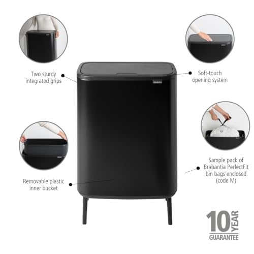 Image of Brabantia Bo Hi Touch Top Kitchen Trash Can with Single Compartment & Raised Legs | Matt Black | 16 Gal Inner Bucket | Soft-Close, Light Touch Opening, Stay-Open Lid | + Trash Bags