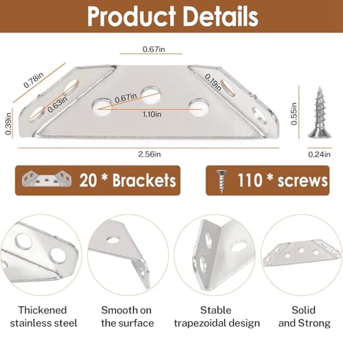 Furniture Corner Connector - 20PCS Universal Stainless Steel L Brackets for Wood,Hardware Metal Angle Bracket Corner Braces,L Bracket for Shelves,Table,Cabinet,Drawer,Corner Brackets for Wood - Image 6