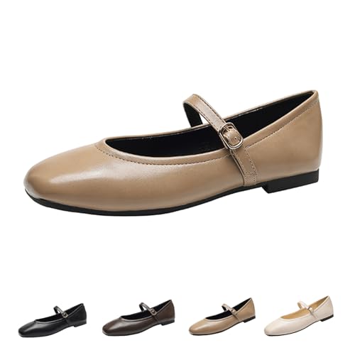 Women's Leather Mary Jane Flats - Square Toe Slip-On Ballet Flats with Ankle Strap, Dressy & Comfortable Flats for Work, Parties, or Casual Wear