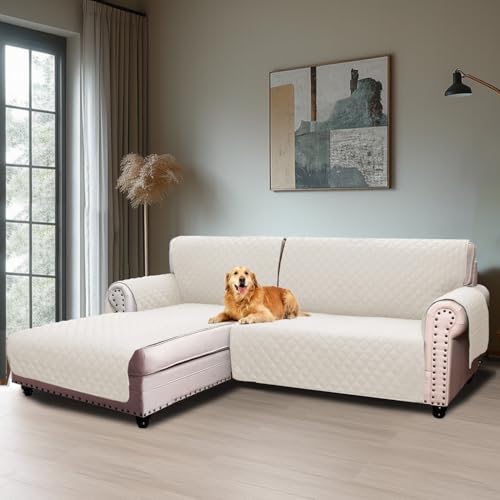 BellaHills Housse Canape d'angle,Housse Canape 2 Places,Housse Meridienne Côté Gauche,avec Poches Latérales,Forme de L 205cm,Blanc Ivoire