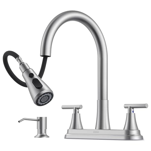 Hurran 8-Inch 2 Handle Pull Down Kitchen Faucet with Soap Dispenser, High Arc 2-in-1 Spray/Stream Stainless Steel Kitchen Sink Faucet for 3-4 Hole Widespread Installation, Brushed Nickel