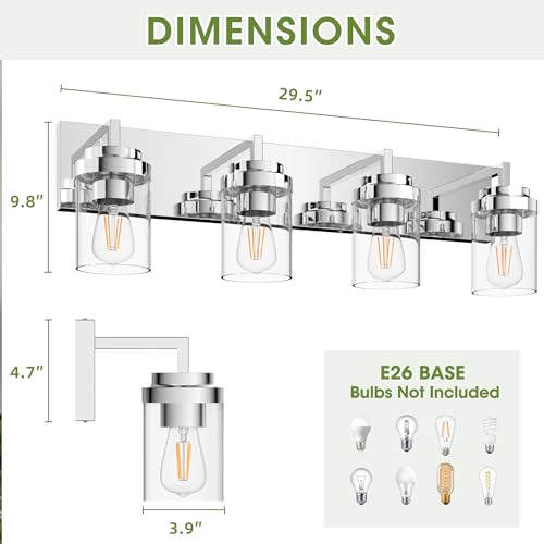 Image of Chrome Light Fixtures, 4 Light Bathroom Vanity Light with Clear Glass Shade, 30 in Modern Vanity Light, Bathroom Lighting Fixtures Over Mirror for Living Room
