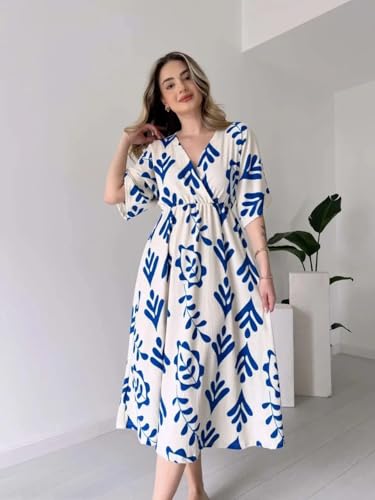 Image of Women's Summer Midi Dress - Floral Print V-Neck Casual Loose Fit Beach Dress with Short Sleeves and Elastic Waist 100% Cotton, Black and White