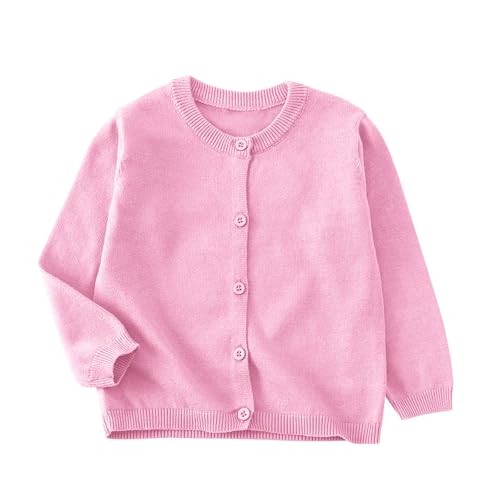 XINYUNZU Strickjacke Mädchen Cardigan Langarm Rundhals Einfarbig Baumwolle Strick-Pullover Jacke mit Knöpfen Schuluniform Bequeme Basic Strickjacken für Kinder Rosa 4-5 Jahre