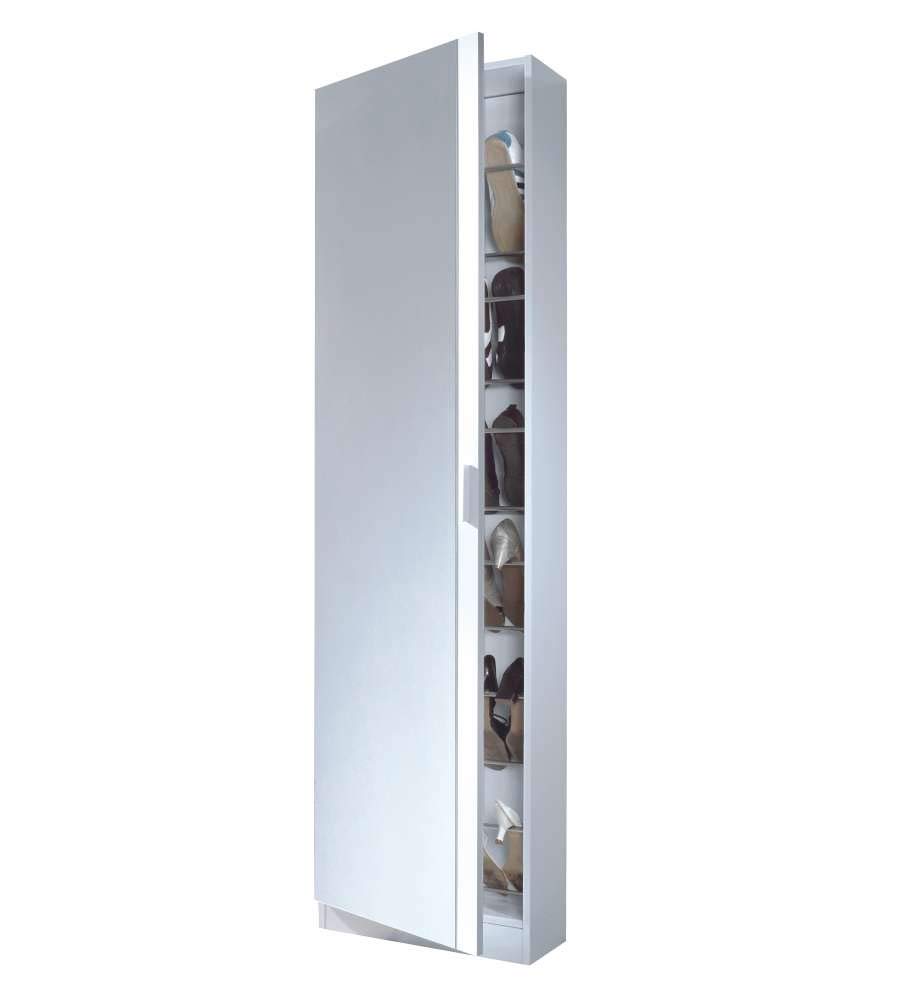 Habitdesign Zapatero de 1 Puerta con Espejo Modelo Kristal, Capacidad 16 Pares, Medidas: 180x50x20 cm, Color Blanco Brillo