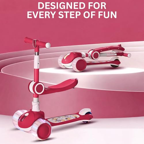 Image of Kids Scooter with Seat | 3 Wheel Foldable Toddler Scooter |4-Level Adjustable Handlebar Height | Lean-to-Steer, LED Wheels | Portable Kick Scooter for Boys & Girls Ages 3-12 (KS-267 Red)