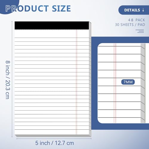 5" x 8" Note Pads 48 Pack of Legal Pads 30 Sheets Notepad College Ruled Small Writing Pads Perforated Pages Paper Pads 80GSM Heavyweight Paper Note Pads for Home, Office, or School - Image 4