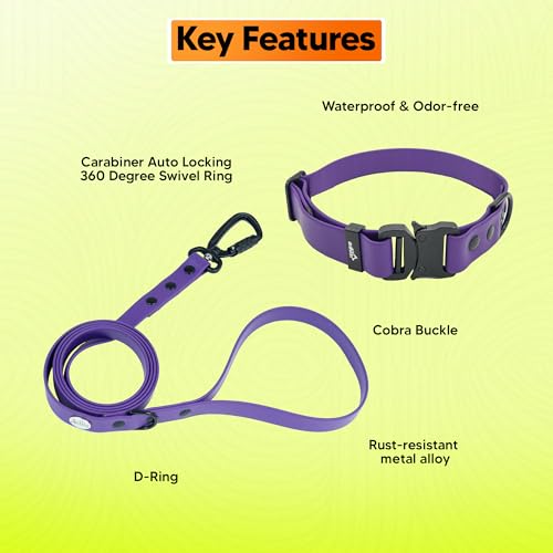 Image of Adil'S Waterproof Leash and Collar Combo Set - Adjustable & Breathable Biothane Collar with Leash Suitable for Medium & Large Size Dogs (Lease 5Ft), Violet, L