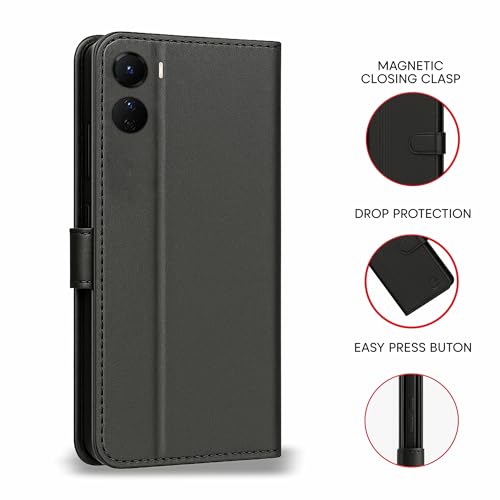 Image of AIBEX Shock Proof Flip Compatible for Vivo T4 Lite 5G /iQOO Z10 Lite 5G /Vivo Y19 5G /Vivo Y19e Flip Cover Leather Finish|Inside TPU with Card Pockets|Wallet Stand|Complete Protection Flip Case- Black