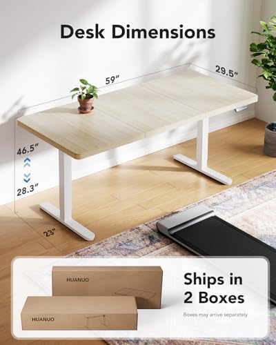Image of HUANUO 60 x 30 inch Large Standing Desk, Powerful Brushless Motor Large Height Adjustable Table, 4 Memory Preset Stand Up Work Station Sit Stand Desk, Home Office with Thick T-Shaped Frame,Natural