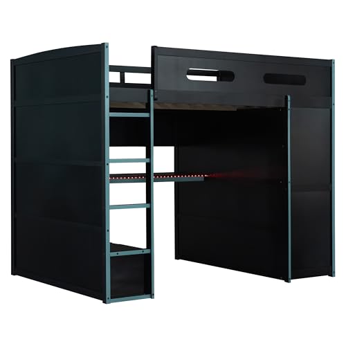 Image of Harper & Bright Designs Full Size Loft Bed with Desk, Wardrobe, Ample Storage Space, Solid Wood Gaming Loft Bunk Bed Frame with RGB Lights, No Box Spring Need, Space-Saving, Cloud Blue