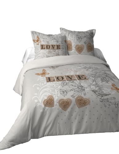 Lovely CASA - Housse de Couette 240x220cm et 2 taies d'oreillers 63x63cm - Clemence - 100% Coton - Certifiée Oeko-Tex - Linge de lit - Romance - Love - Cœur...