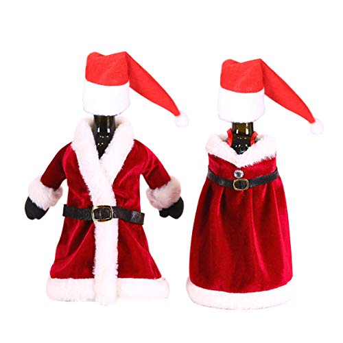 Novsix Vestido de botella de vino de Navidad y falda y mini sombrero de Papá Noel, botellas de vino, decoración para fiestas de vacaciones en el hogar Cover