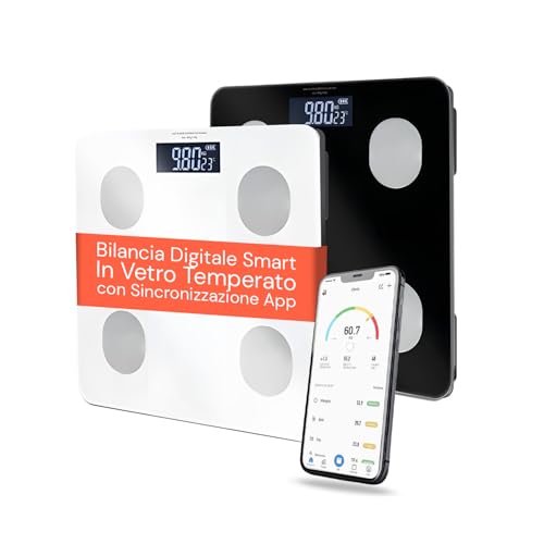Wintem - Bilancia Digitale Smart in Vetro Temperato con App per Analisi Corporea Completa, Display LCD Ampio, Tecnologia Step-On e Funzione Multiutente per Controllo Familiare del Peso