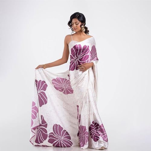 Image of Japan Satin Floral Print Saree for Women with Blouse Piece - Satin Finish Draped Saree