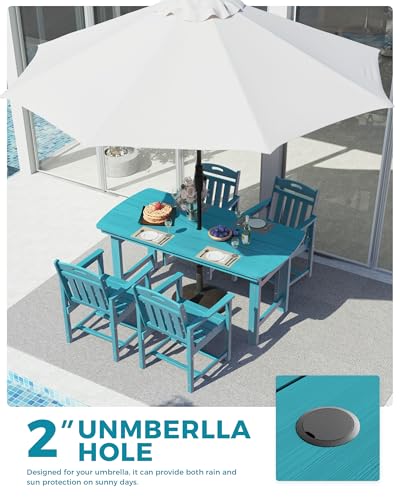 Image of Ciokea HDPE Outdoor Dining Set, 5-Piece Patio Table and Chairs Set with Umbrella Hole, All-Weather Patio Dining Sets for 4, Durable Patio Furniture for Backyard, Garden, Lawn & Poolside, Lake Blue