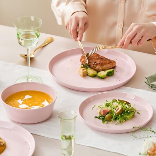 Image of KINGSTONE 24-Piece Bone China Dinnerware Sets, Blush Pink | Lightweight Plates & Bowls Set | Straight Rim Bowl Dinner Set | Scratch Resistant | Microwave & Dishwasher Safe | Serves 8