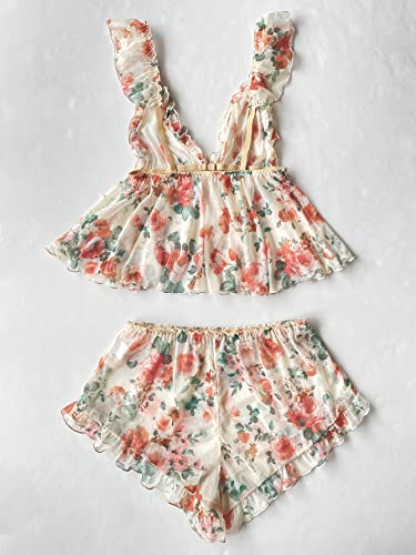 Verdusa Women's 2 Piece Floral Print Mesh Ruffled Peplum Cami Top and Shorts Pajama Sets2
