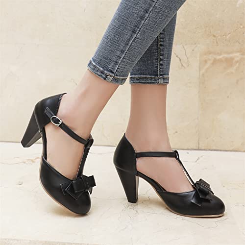 Image of Elbslutt Women's Cute Retro Rockabilly Shoes T Strap Mary Janes Heels Chunky Cosplay Shoes Sweet Block Heeled Bow Pumps