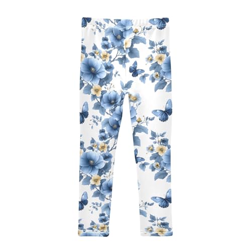 Blue Flower Rose Butterflies Girls Leggings Athletic Pants Tights Stretch Bottom2