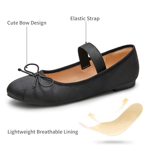 Trary Ballet Flats for Women Closed Round Toe Mary Jane Shoes Women Cute Bowknot Non-Slip Dressy Shoes Elastic Strap Comfortable Women's Flats for All-Year Daily Work Causal3