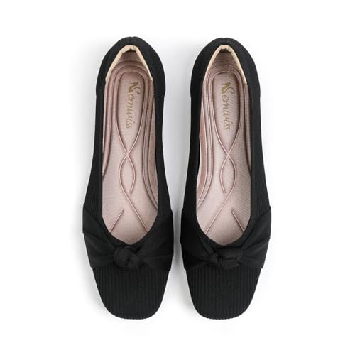 SemwissWomen Ballet Flats Square Toe Comfortable Dressy Slip on mesh Knitted Flat with Bow Office Shoes. 8 Black
