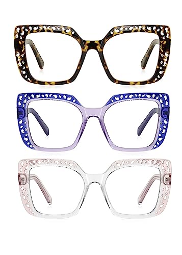 Image of ICARA 3 Pack Fashion Oversized Square Reading Glasses for Women, Retro Celebrity Style Blue Light Blocking Computer Readers