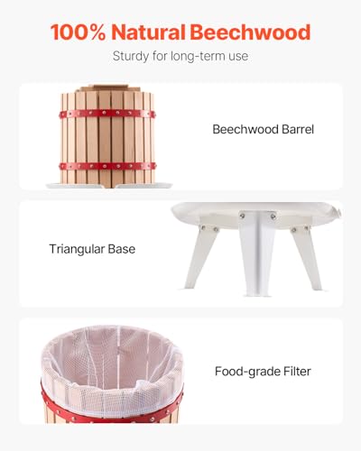 Image of VEVOR 3.2 Gal /12L Fruit Wine Press, Solid Wood Basket with 8 Blocks, Heavy Duty Manual Juice Maker, Cider Apple Grape Tincture Honey Olive Oil Making Press with Handle for Kitchen, Home