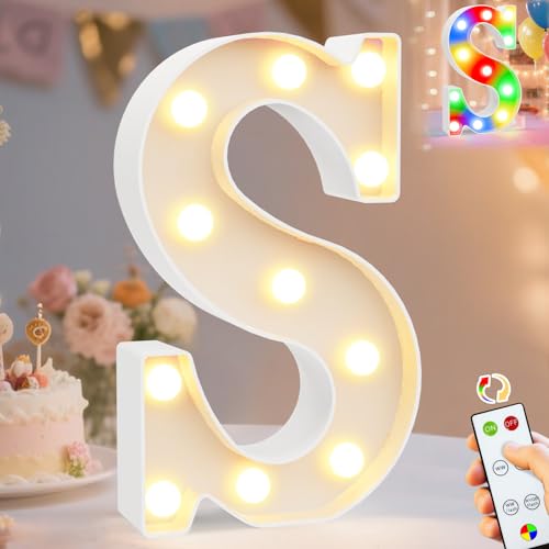 Image of Pooqla LED Light Up Letters, Warm White and Colorful Lighted Marquee Letters with Remote, Lighted Letter for Party Birthday Decorations, Gift for Girls Boys Night Light, Wedding Home Decor, Letter S