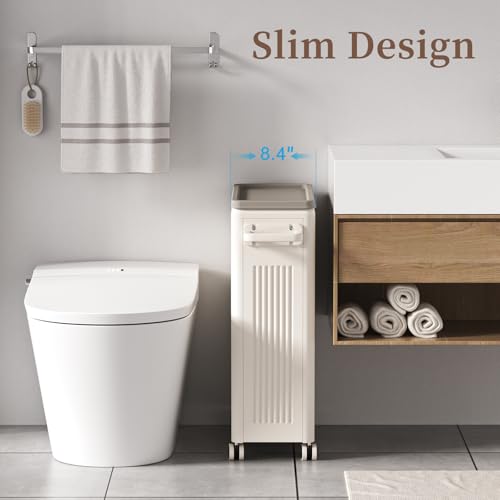 Image of HAIXIN HOME Slim Laundry Hamper with Lid, 50L Plastic Tall Laundry Basket with Wheels, Compact Size for Narrow Space, Rolling Laundry Cart with Handle for Easy Transport to Laundry Room (2 Pack)