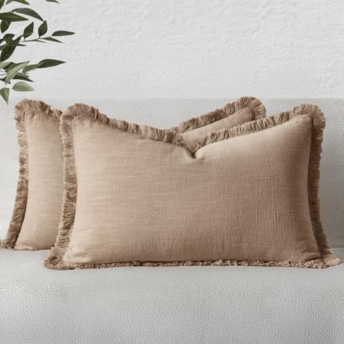 Image of MIULEE Boho Linen Fringe Decorative Lumbar Throw Pillow Covers Camel 12x20