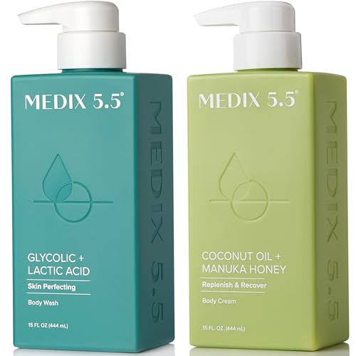 MEDIX Exfoliating Glycolic Acid Body Wash & Face Wash + Coconut Body Lotion Skin Care Set | Coconut Oil Lotion Body Cream & AHA + Lactic Acid Foaming Body Wash For KP Bumps, Keratosis Pilaris, & Acne -  Medix 5.5