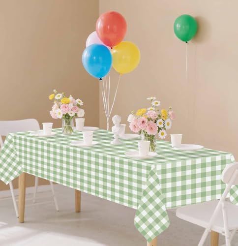 Image of 2 Pack Sage Green Gingham Tablecloth Rectangle 54 x 108 Sage Green and White Checkered Table Cloth Disposable Plaid Table Cover Plastic for Birthday Baby Shower Picnic Wedding Party Supplies