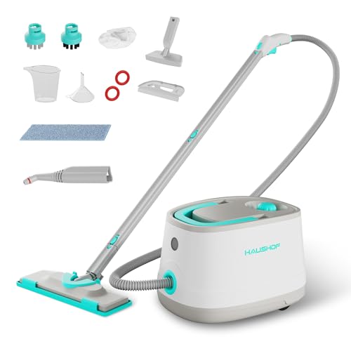 HAUSHOF Dampfreiniger 2000 W, mit 1,5 L Tank, max. 4 ,0 bar Dampfdruck, Aufheizzeit 8 Min, Dampfzeit bis zu 30 Min, inkl. 16 Zubehör & 3 m Netzkabel, für Boden, Teppich, Fenster & Küche, Weiß-Grün