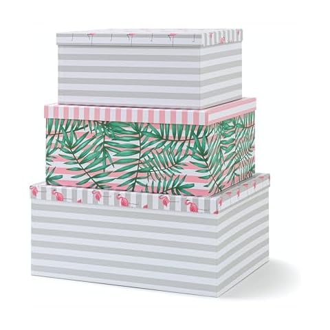 SLPR Decorative Cardboard Pretty Storage Boxes With Lids For Home Décor - Set Of 3: Pink Flamingo Paperboard Nesting Gift Boxes, Palm Leaves Large Picture Boxes For Photo Storage and Keepsakes Cover