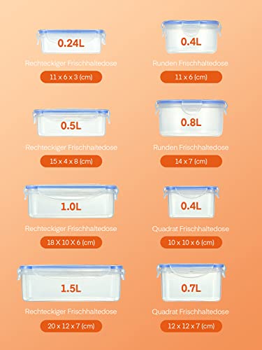 D.Perlla Frischhaltedose mit Deckel, 8 Teiliges Plastik Vorratsdosen Set BPA Frei, Spülmaschinen- Mikrowellen- und Gefrierschrankgeeignet, Ineinander stapelbar, Transparent