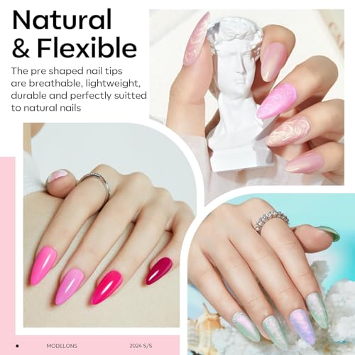 Image of modelones X Nail Gel Kit Almond, Upgrade 15Sizes Fake Nails, 9-in-One Glue Dehydrator & Mini U V Light Clipper, 510Pcs Medium Almond Press on Tips for Extension DIY Salon Home Gift