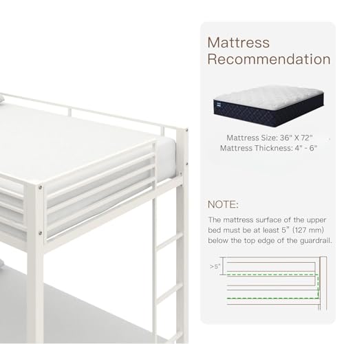 Image of Metal Bunk Bed for Adults and Kids, Sturdy Steel Frame with Guard Rails (3 X 6 Ft) | White Finish | Space Saving Design | DIY Assembly for Home and Bedroom