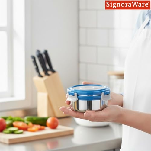 Image of Signoraware Lock N Store Stainless Steel Round Container With Steel Lid | Airtight & Leakproof | Compact & Durable | Ideal for Snacks, Office, School & Travel Use (350ml | TBlue)