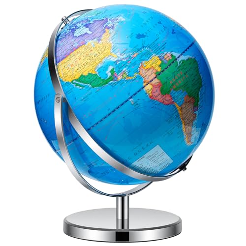 BSHAPPLUS World Globe with Stainless Steel Stand 13 inch, 720 Rotating & HD Waterproof Material, Teaching/Geographic/Decorative Globes with Clear Text...